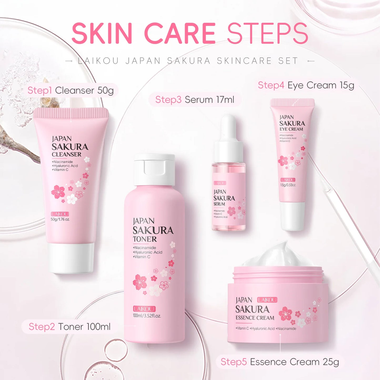 LAIKOU Sakura 5pcs Skin Care Kit Cleanser Toner Serum Eye Cream Essence Cream Moisturizing Beauty Gift Box For Women ﻿ Peaceful Pleasures Health and Wellness