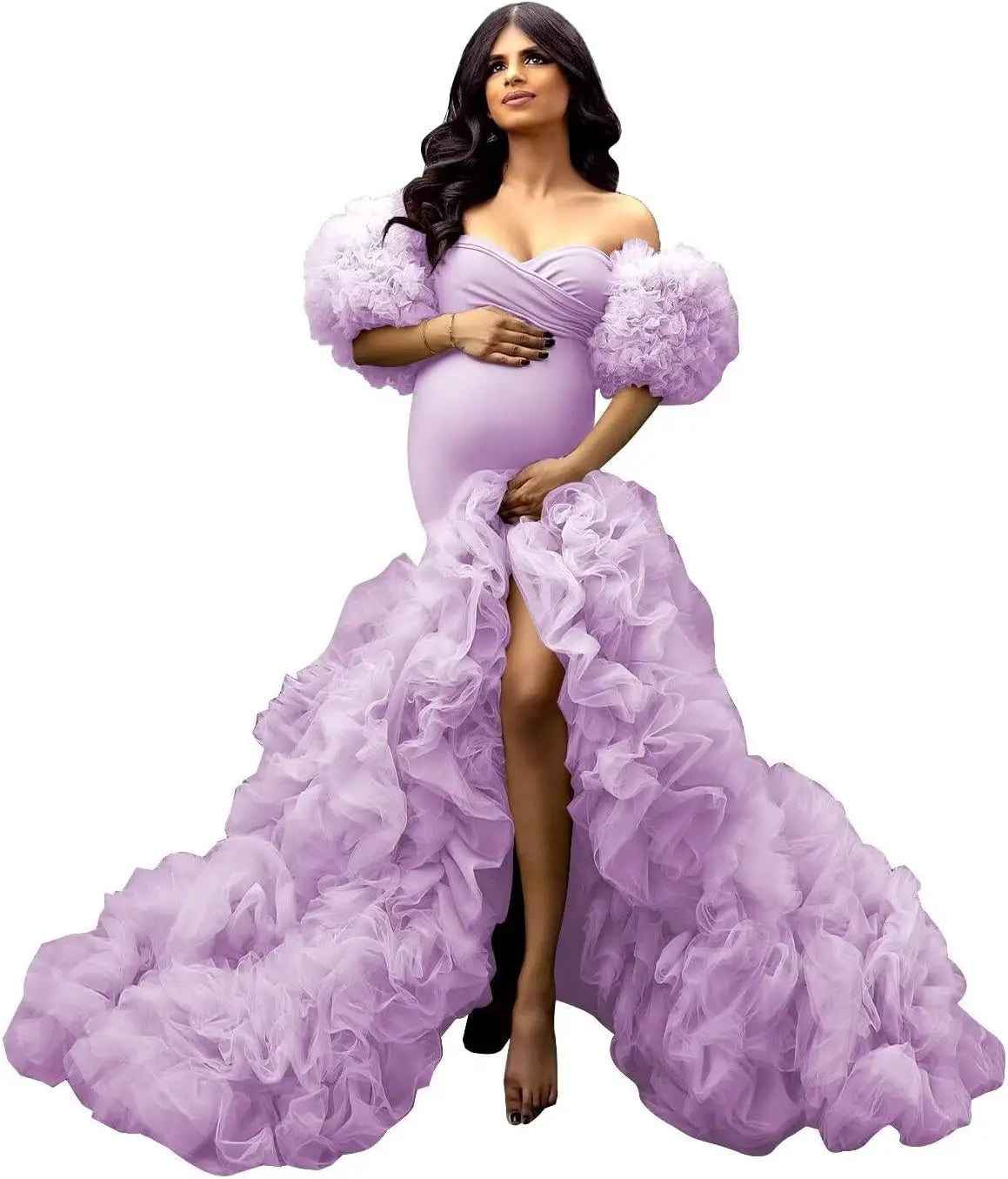 Soft Tulle Mermaid Maternity Gown - Off Shoulder Puffy Slit for Baby Shower & Pregnancy Photoshoot Dresses платье для беременных Peaceful Pleasures Health and Wellness Lilac US 4