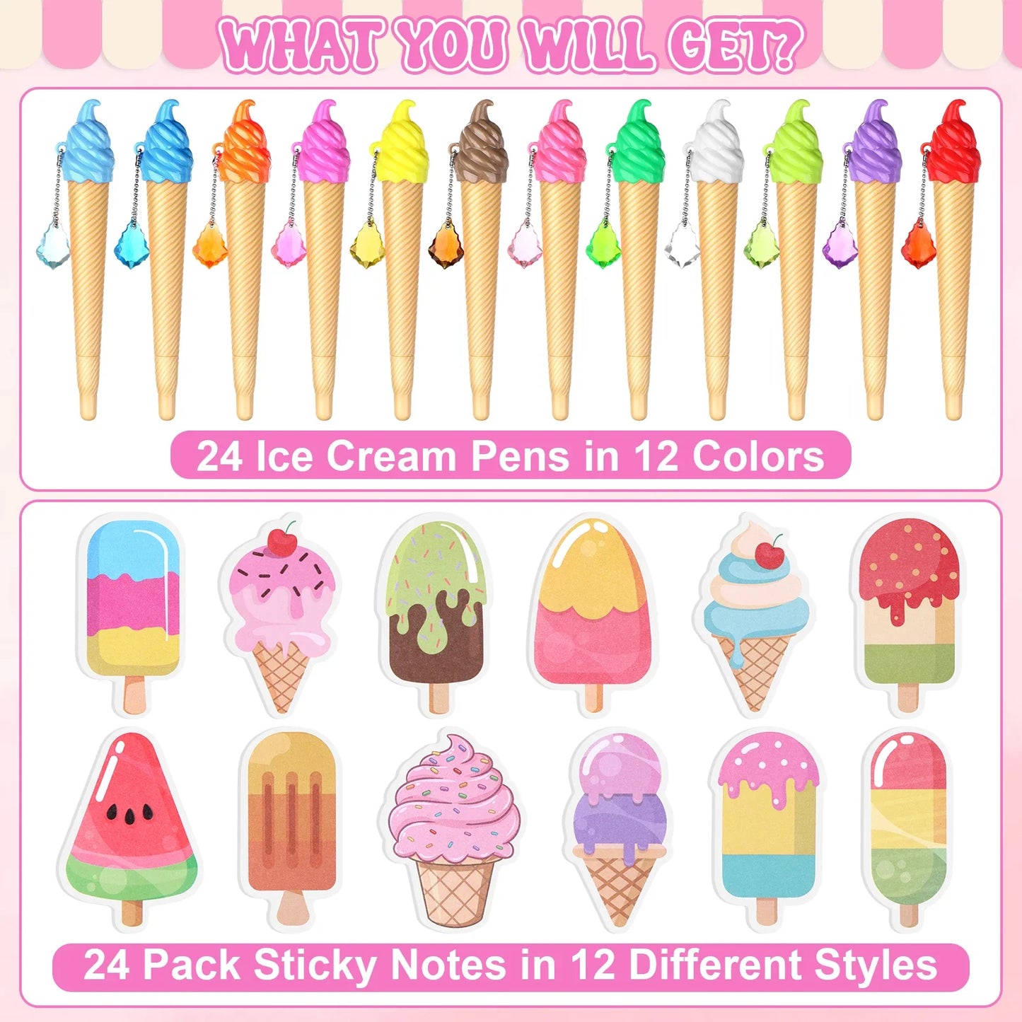 48-Pc Ice Cream Cone Pens & Sticky Notes Party Favor Kit