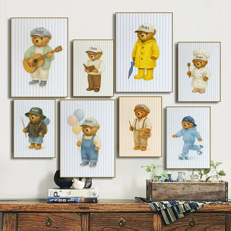 Skating Teddy Bear Playing Guitar Reading Blue Striped Poster Canvas Painting Print Wall Art Picture for Living Room Home Decor Peaceful Pleasures Health and Wellness