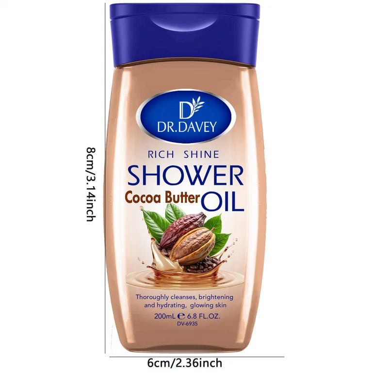 200ml DR.DAVEY Rich Shine Cocoa Butter Shower Oil for Men and Women's Full Body Skincare Moisturizing and Moisturizing Skin Care Peaceful Pleasures Health and Wellness
