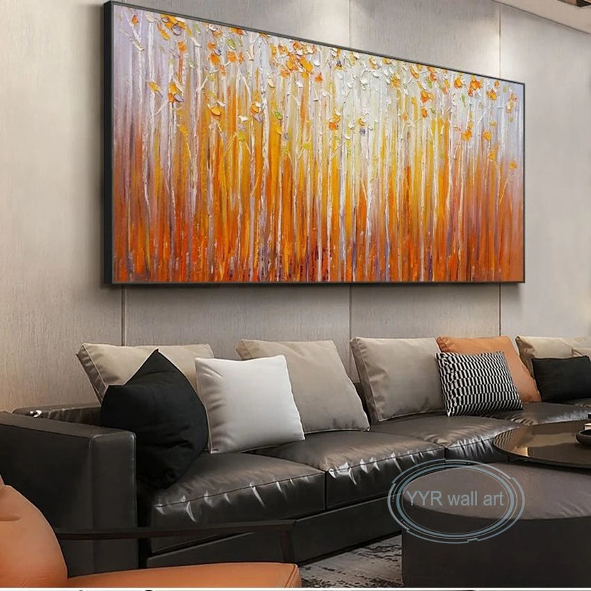 Hand Painted Orange Fortune Trees Canvas Oil Painting Abstract Art Decor Poster Living Room Sofa Salon Bedroom Restaurant Mural Peaceful Pleasures Health and Wellness