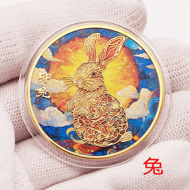 1PCS Colorful Twelve Zodiac Commemorative Medals Golden Coins Pig Dog Chicken Monkey Sheep Snake Horse Dragon Tiger Rabbit Gifts Peaceful Pleasures Health and Wellness rabbit