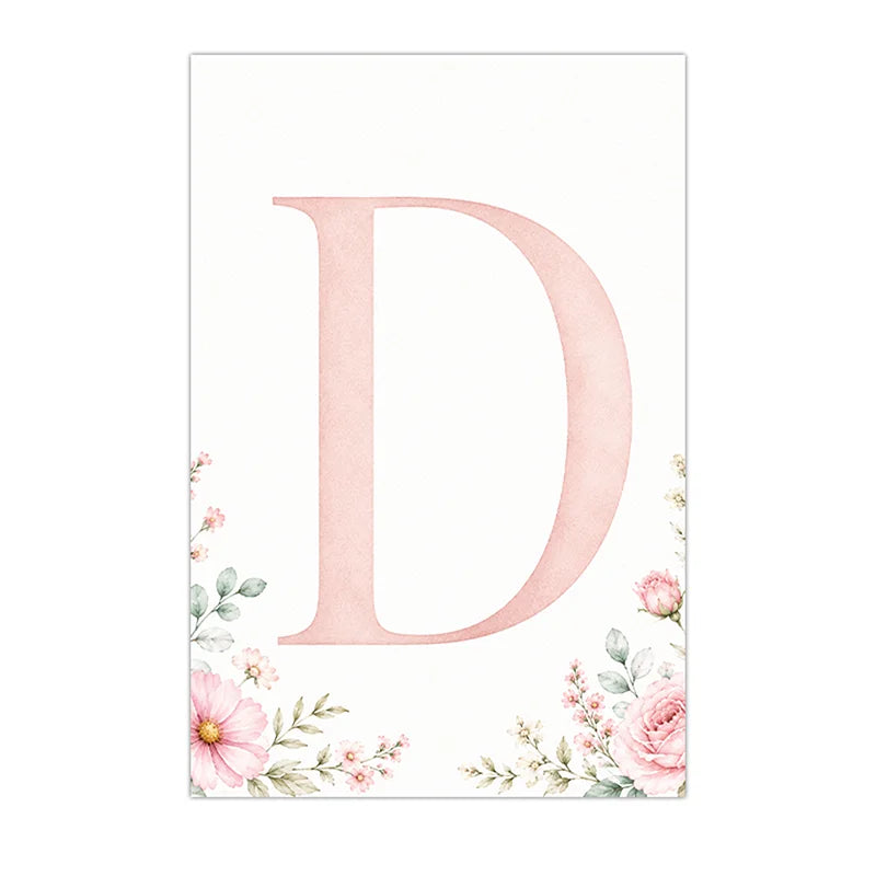 Floral Alphabet Wall Art Custom Letter Canvas Painting Pink Flower Poster Print Nursery Wall Decor Peaceful Pleasures Health and Wellness