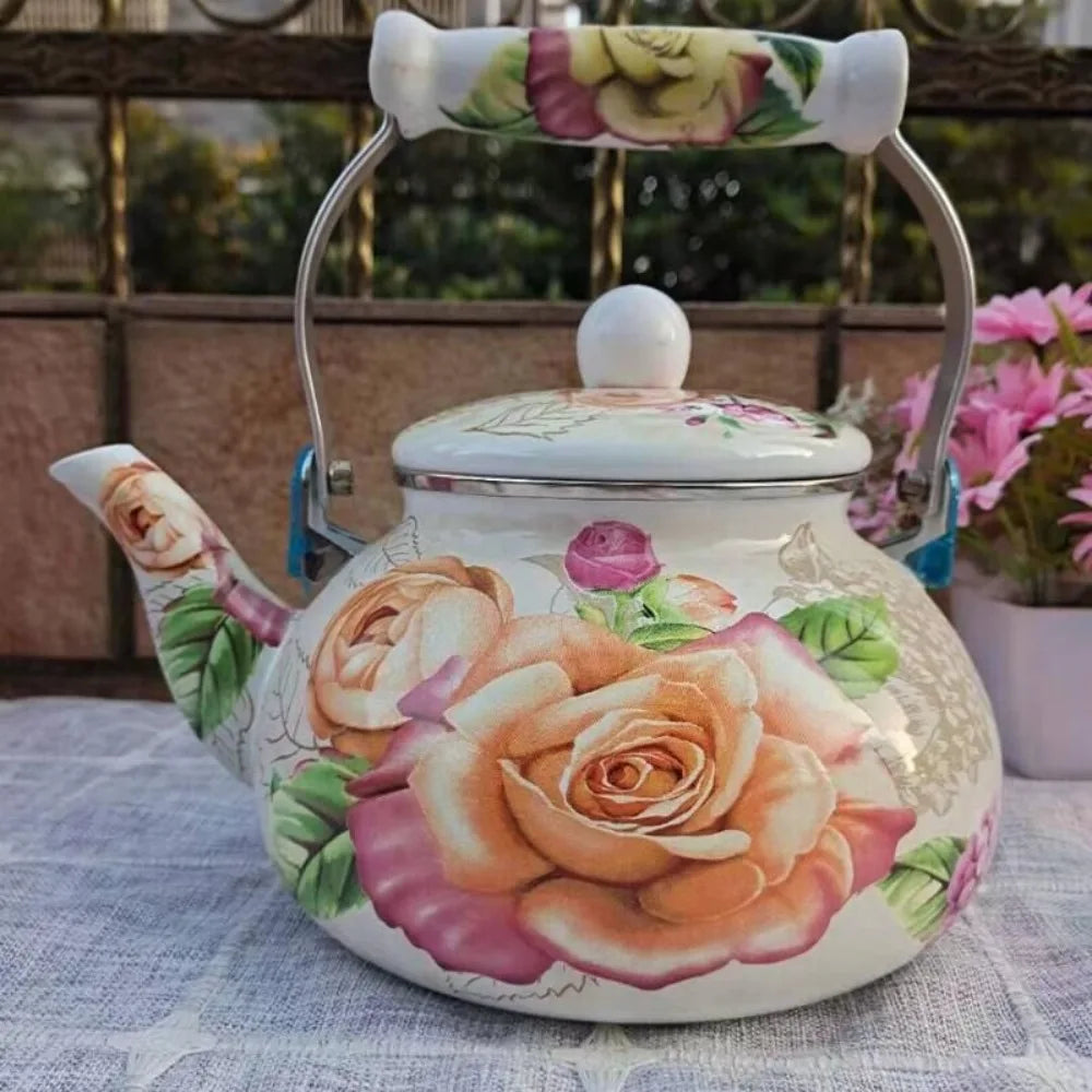 Chinese Style Enamel Teapot Floral Enameled 2.5L Gas Water Kettle Antiscald Handle Pear-shaped Coffee Pot Gas Induction Cooker Peaceful Pleasures Health and Wellness C