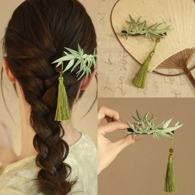 National Style Bamboo Leaf Tassel Hair Clip Womens Curly Hair Side Clip Hair Accessory Peaceful Pleasures Health and Wellness