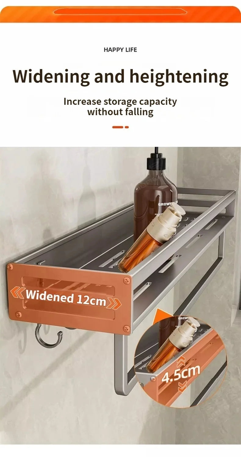 Aluminum Shower Corner Shelf with Towel Bar | No Drill