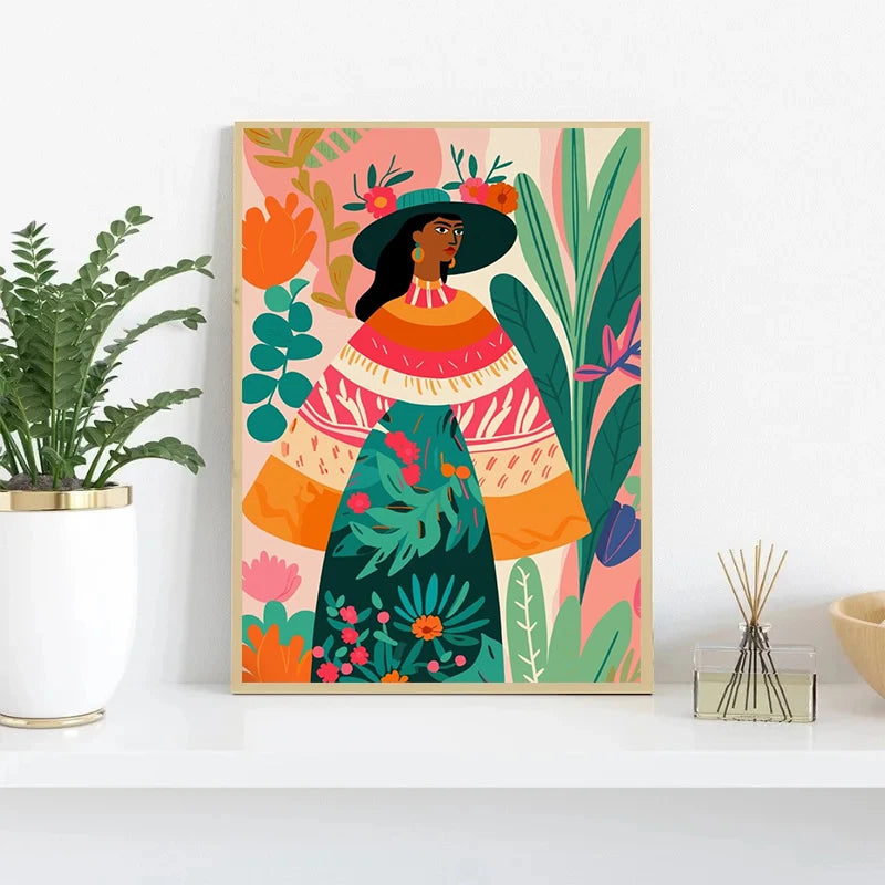 Latina Woman Floral Canvas Wall Art | Ethnic Maximalist Print