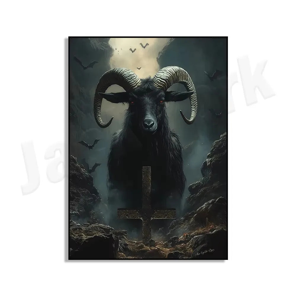Black Phillip Goat in Cemetery Canvas Art - Satanic Gothic Pagan Wall Decor, Unframed Modern Horror Movie Poster for Home Decora Peaceful Pleasures Health and Wellness ZLH5086 100x150cm No Frame
