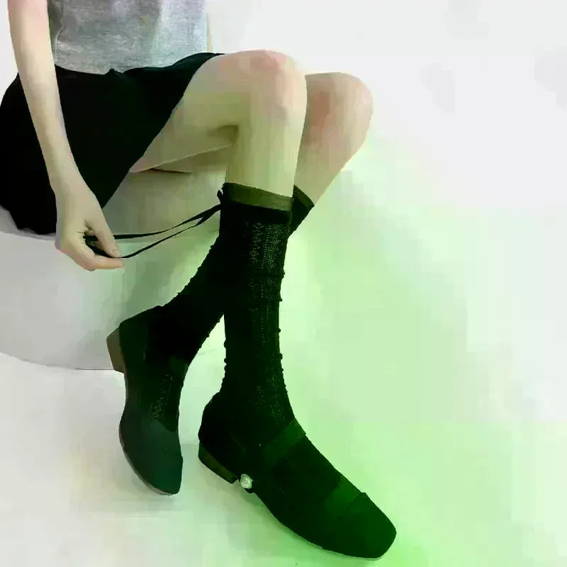 Women's Mesh Ballet Slouch Socks with Bow Lace | Calf Length