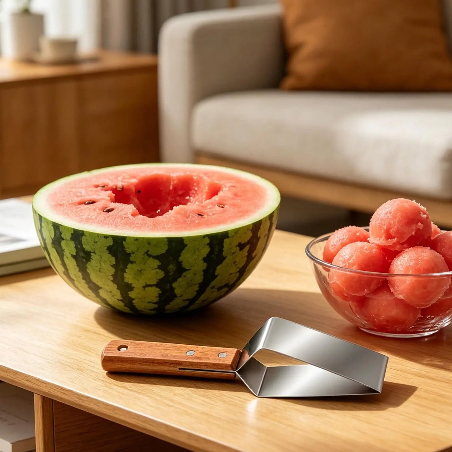 Watermelon Cutter Stainless Steel Ergonomic Wooden Handle Metal Cantaloupe Slicer for Muskmelon Cake Base Cantaloupe Home Peaceful Pleasures Health and Wellness