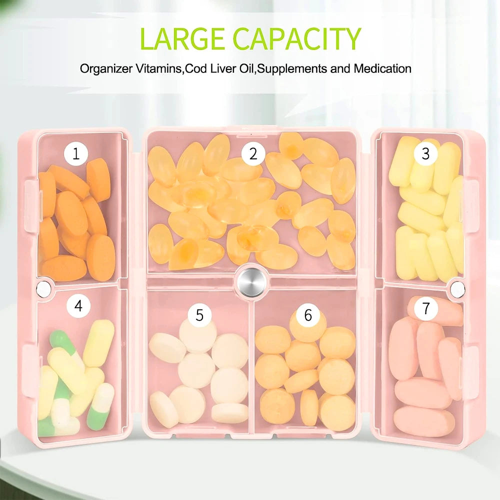 1Pcs Travel Pill Organizer, 7 Compartments Pill Box Pocket Pharmacy for Purse Portable to Hold Vitamins, Medication or Earrings Peaceful Pleasures Health and Wellness