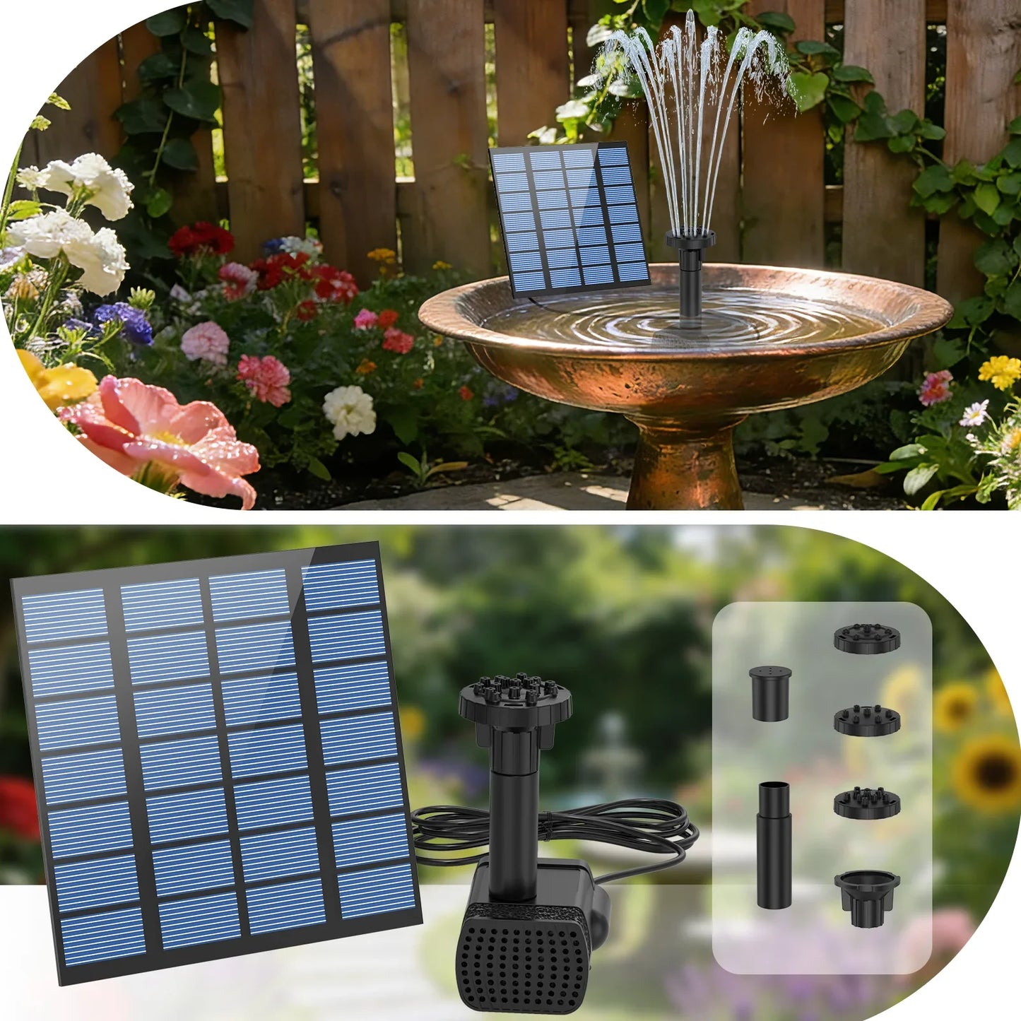 1.8W Split Solar Fountain Pump – 6 Nozzles, Bird Bath & Garden