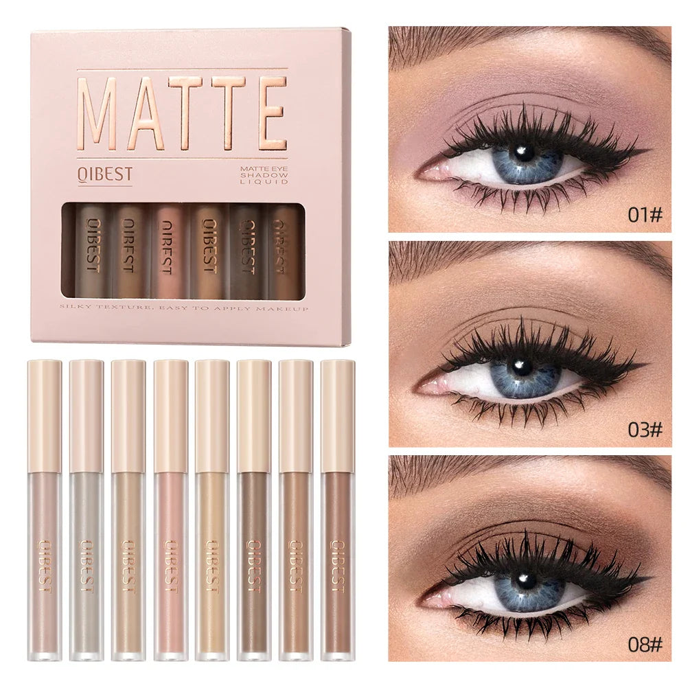 QIBEST 8-Color Matte Liquid Eyeshadow Set – Waterproof & Long-Lasting