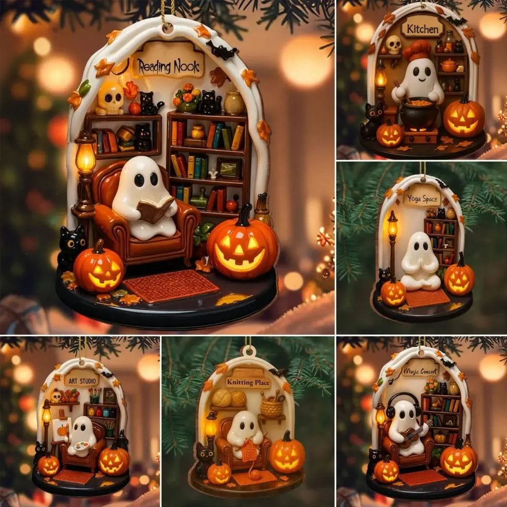 Cute Reading Ghost Halloween Acrylic Ornament | Spooky Décor