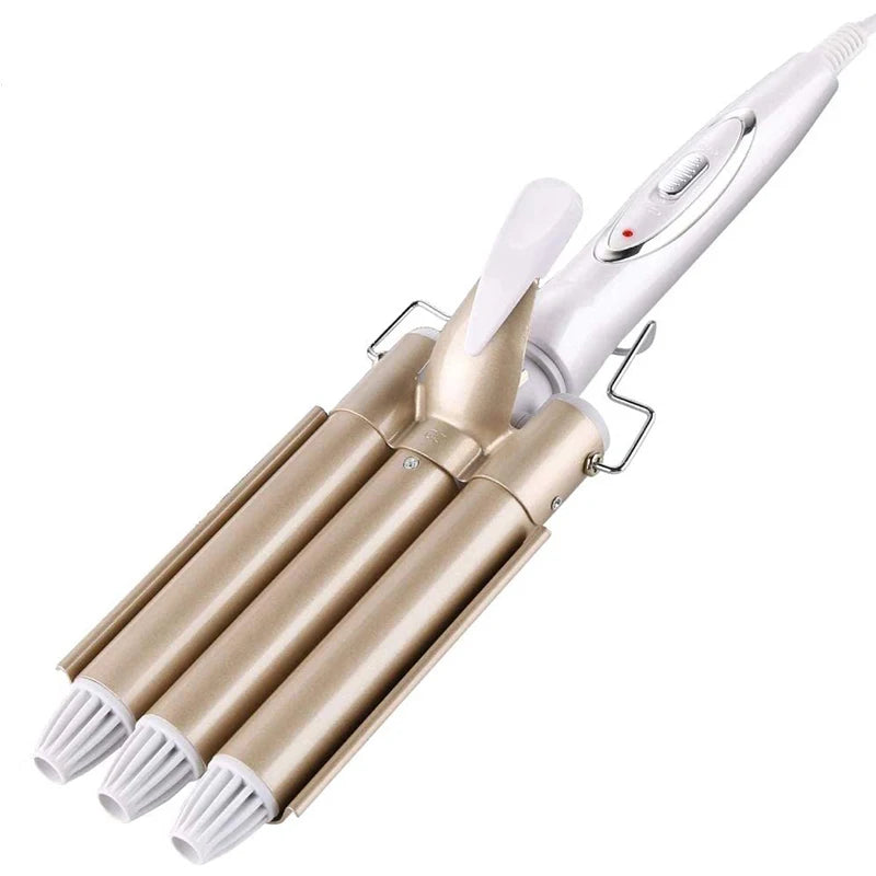 Automatic LCD Display Ceramic Ionic Hair Curler New Home Use Three Barrel Hair Waver PTC Heater Big Wave Curler for Waves Curls Peaceful Pleasures Health and Wellness WHITE EU