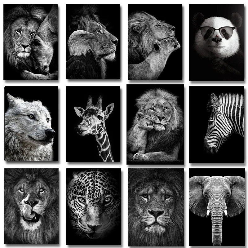 Black and White Animals Lions Family Elephant Giraffe Zebra Wall Poster Prints Canvas Painting Pictures for Kids Room Decor Peaceful Pleasures Health and Wellness
