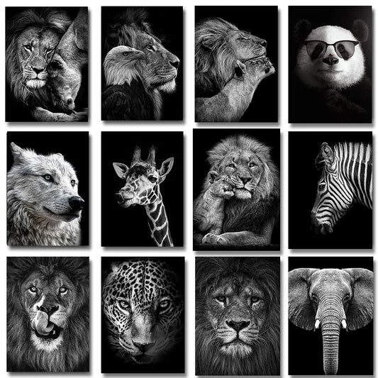 Black and White Animals Lions Family Elephant Giraffe Zebra Wall Poster Prints Canvas Painting Pictures for Kids Room Decor Peaceful Pleasures Health and Wellness