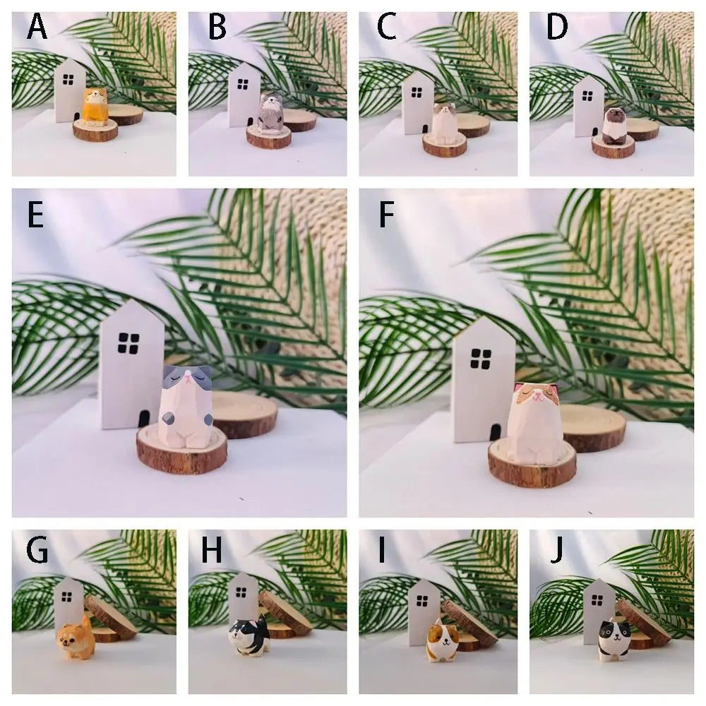 Mini Wooden Cat & Dog Figurine | Cute Painted Animal Statue