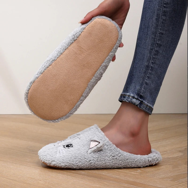 Women's Furry Cat Slippers – Soft Plush Non-Slip Indoor House Shoes