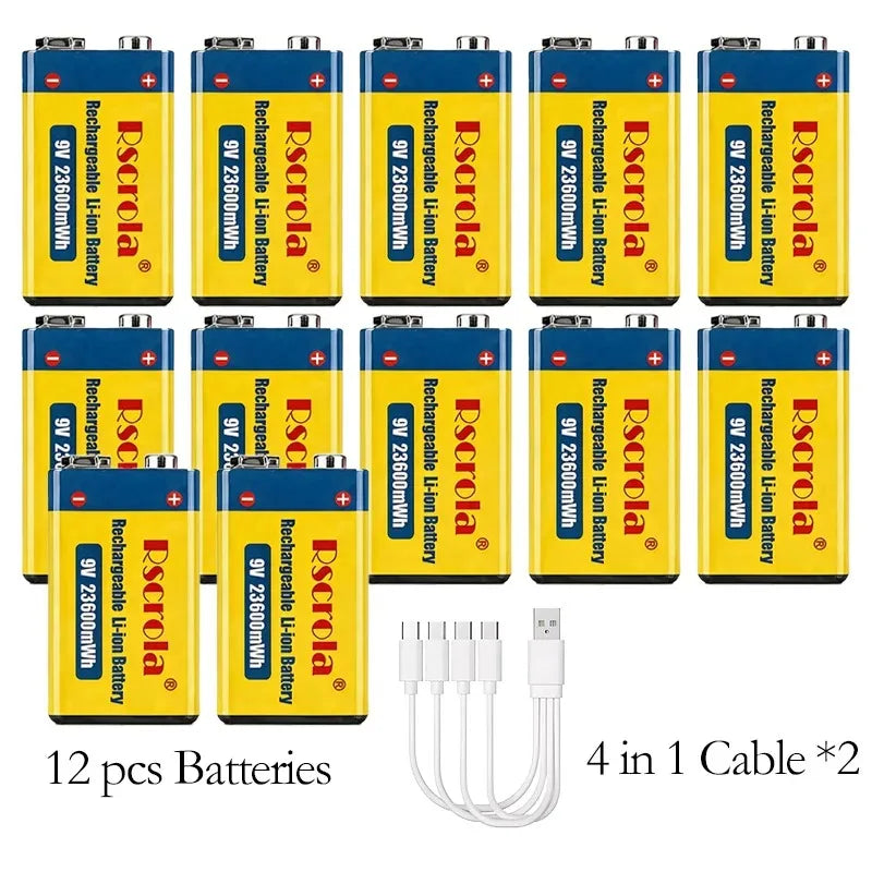 Rscrola 9V USB-C Rechargeable Battery 23600mWh Li-ion Constant Voltage for Guitar Pedal Smoke Detector Multimeter, Long Life Wit Peaceful Pleasures Health and Wellness 12 PCS Batteries 9v