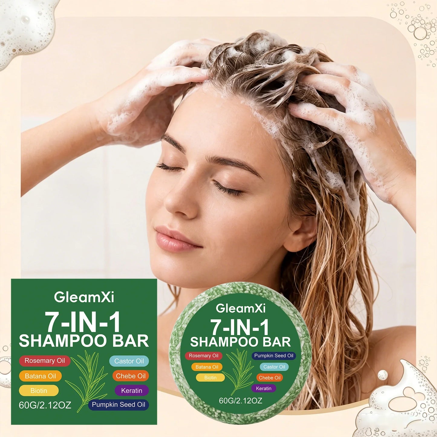 Gleamxi 7-in-1 Rosemary Biotin Shampoo Bar – Hair Growth