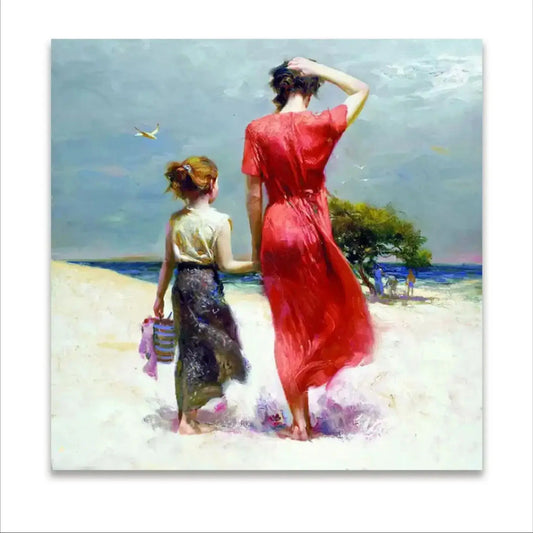100% Hand Painted Boutique Unframed Impressionist Canvas Figure Painting, Mother and Child Oil Painting, seaside Peaceful Pleasures Health and Wellness 80x80cm