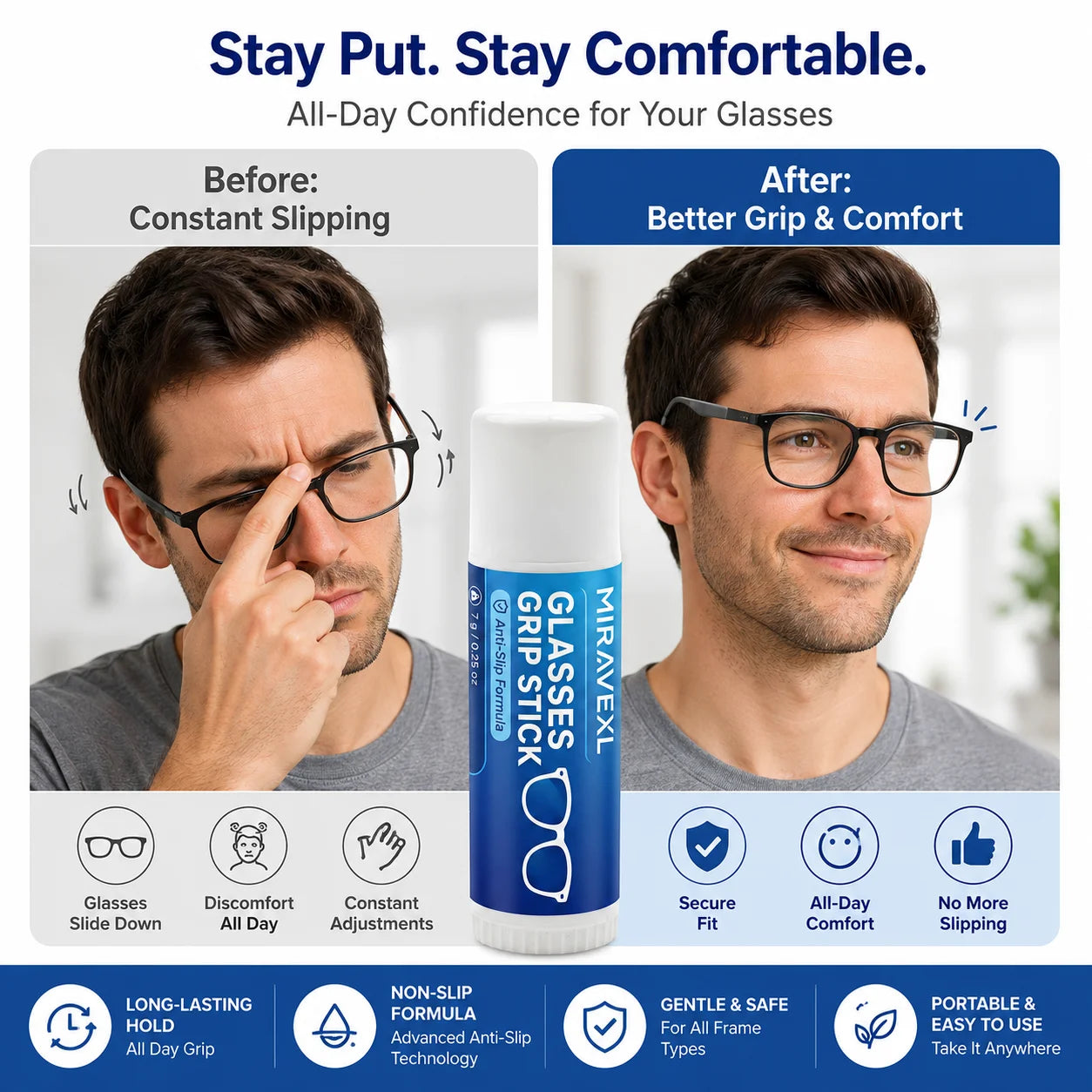 Glasses Grip Stick, Anti Slip Eyeglass Nose Pad Wax, Eyewear Grip Balm for Secure Fit, Clear Frame Comfort, 7g Peaceful Pleasures Health and Wellness