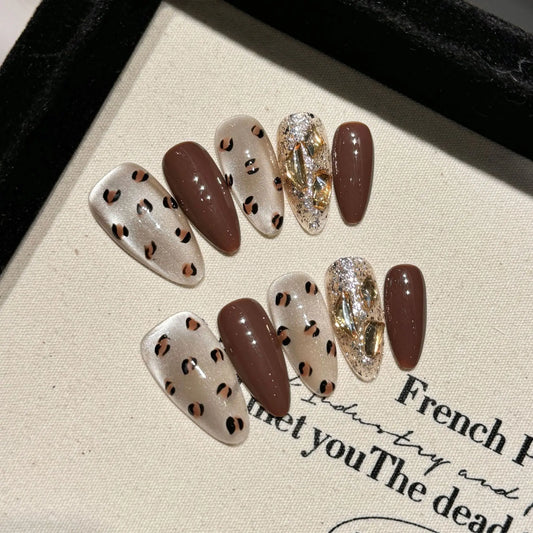 Handmade Press on Nails Gold Brown Leopard Print False Nails with Crystal Cat Eye Champagne Diamond Sweet Cool Fake Nail Tips Peaceful Pleasures Health and Wellness XS