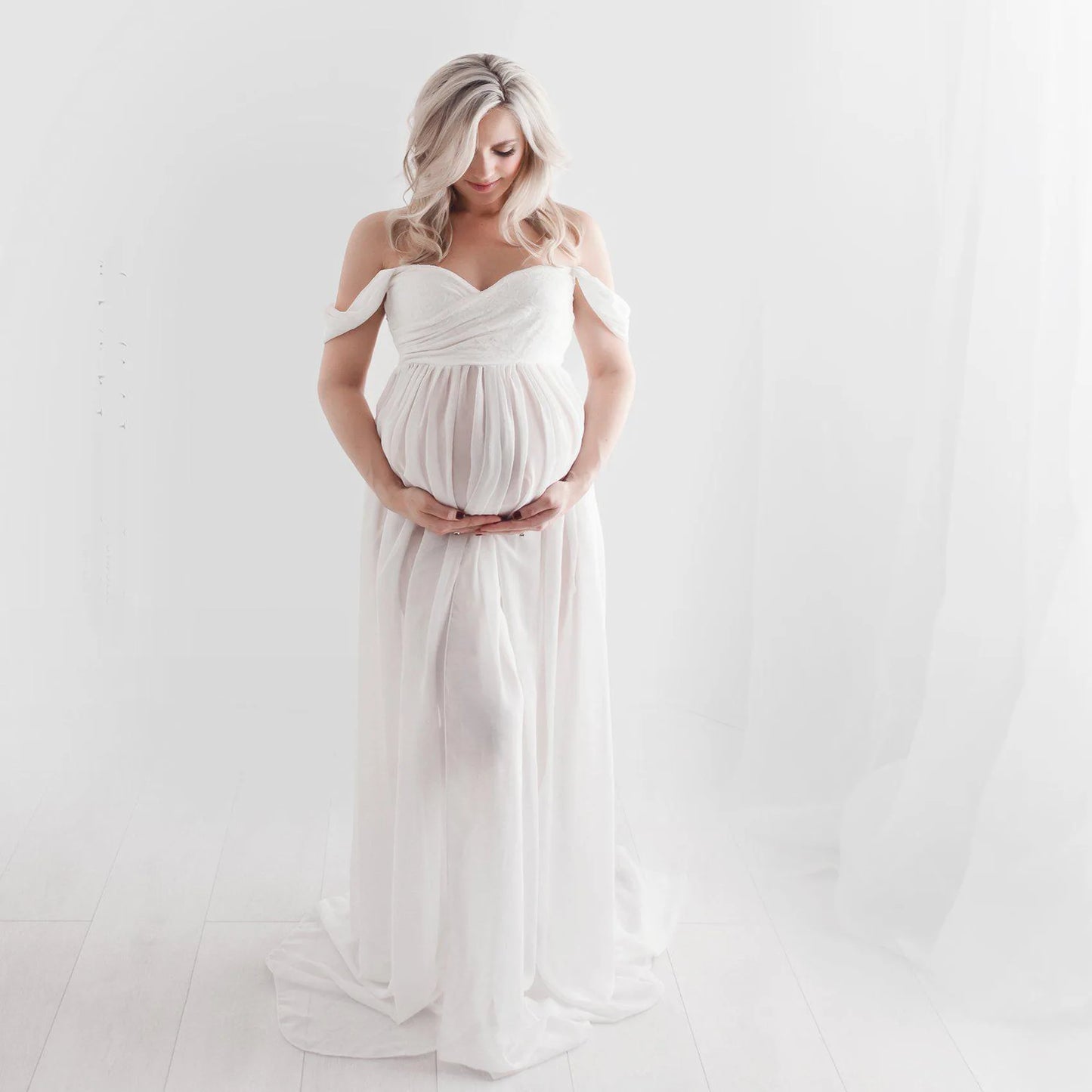 Deep V-Neck Lace Feather Maternity Gown | Photo Shoot Dress Maternity Photography Dress Peaceful Pleasures Health and Wellness F white L China Mainland
