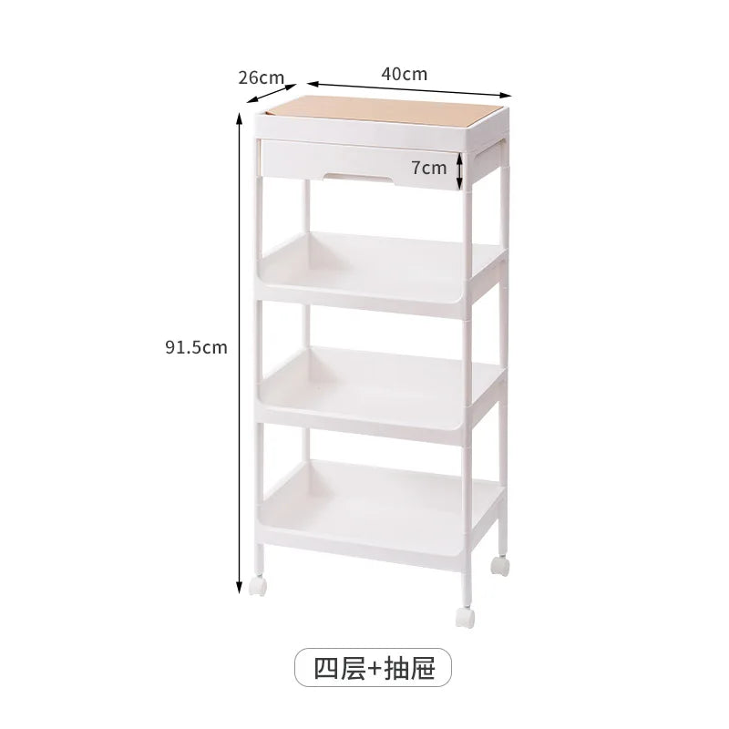 Versatile Kitchen Multi-Layer Storage Rack Wooden Top for Bathroom/Bedroom Gaps Ideal for Snacks Essentials Space-Saving Design Peaceful Pleasures Health and Wellness 4 Layer with drawer
