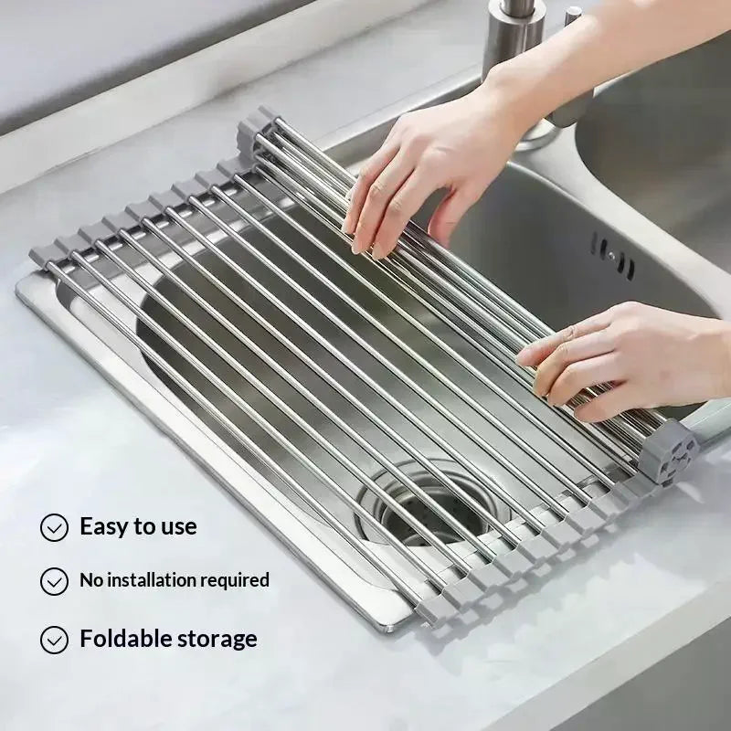 Roll Up Dish Drying Rack | Foldable Stainless Steel Sink Mat