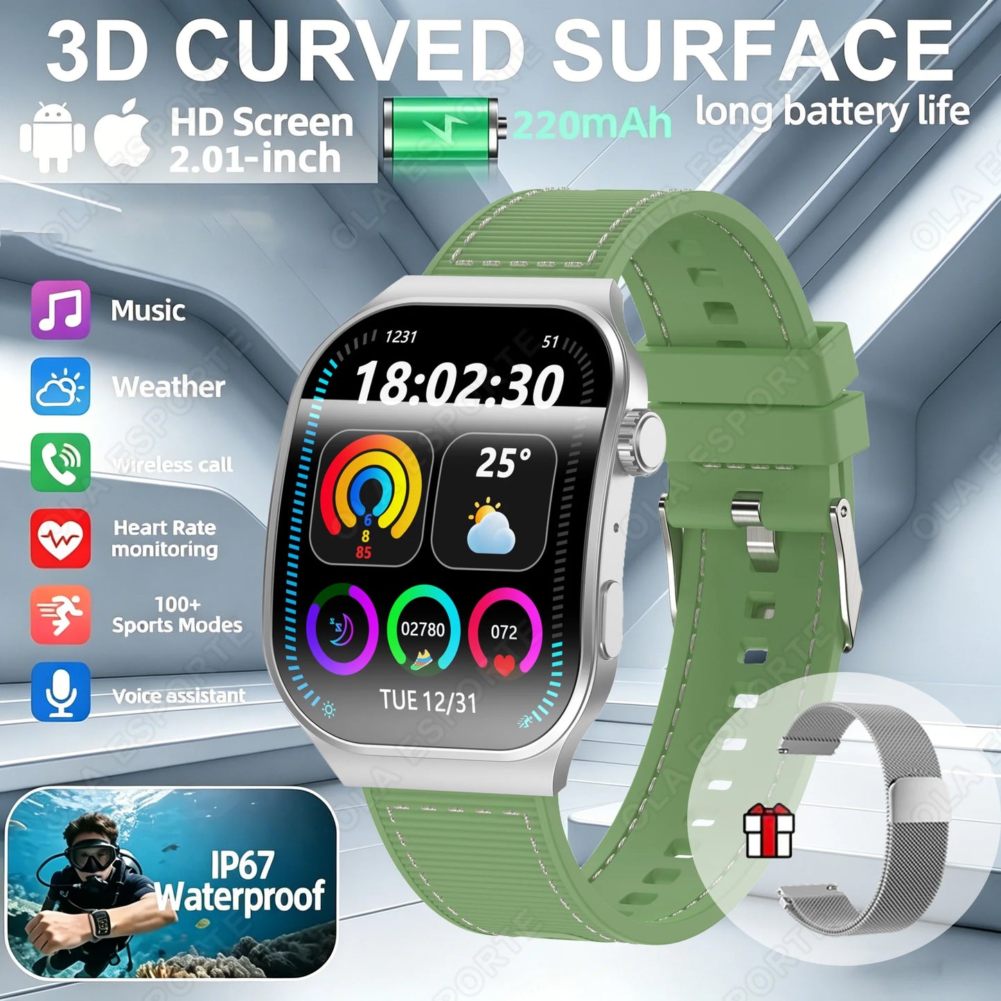 2026 New Bluetooth Call Smart Watch for Men 2.01" HD Curved Screen Sports Watch Health Monitor Smart Watch for Android iOS Peaceful Pleasures Health and Wellness Silver22Milan