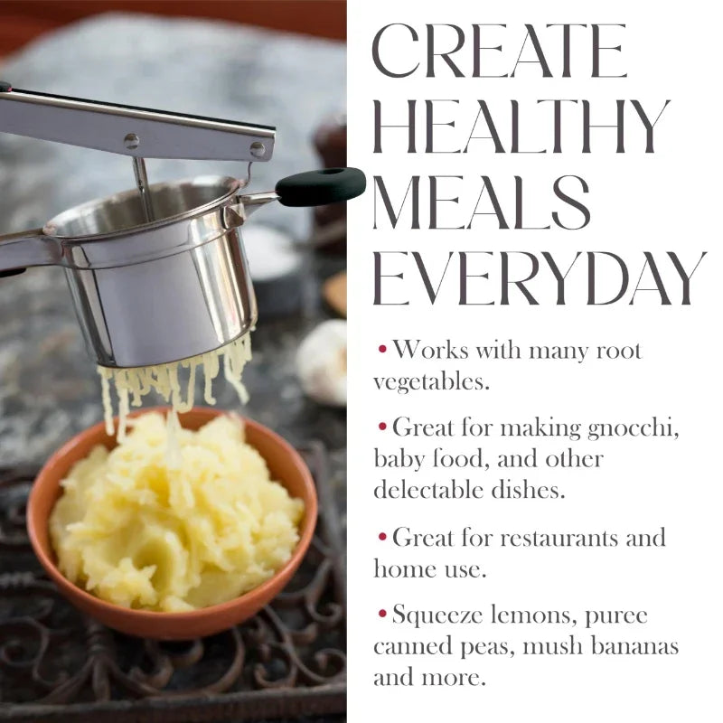 Stainless Steel Potato Masher Manual Press French Fries Cutter Dispenser Crusher Making Squeezer With 3/4 Interchangeable Discs Peaceful Pleasures Health and Wellness
