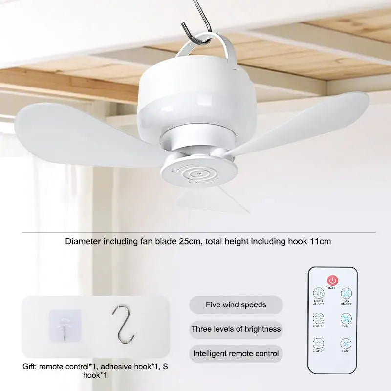 USB Rechargeable Portable Ceiling Fan with Light & Remote