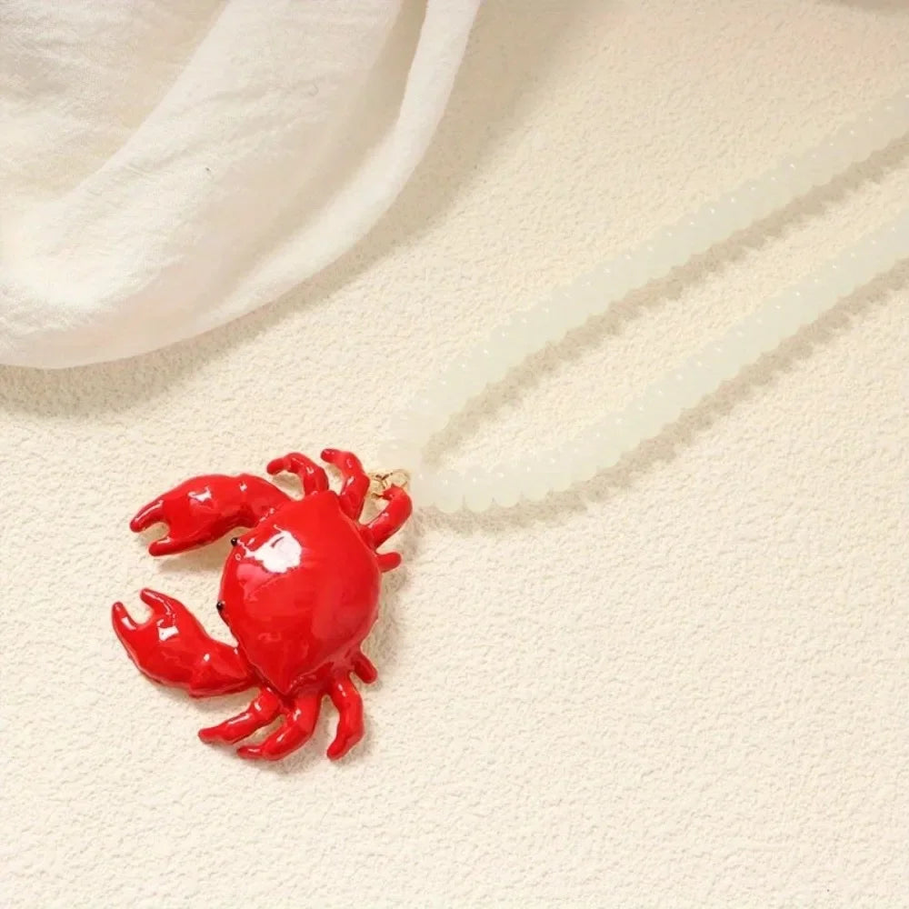 Beaded Crab Pendant Necklace – Boho Enamel Summer Jewelry