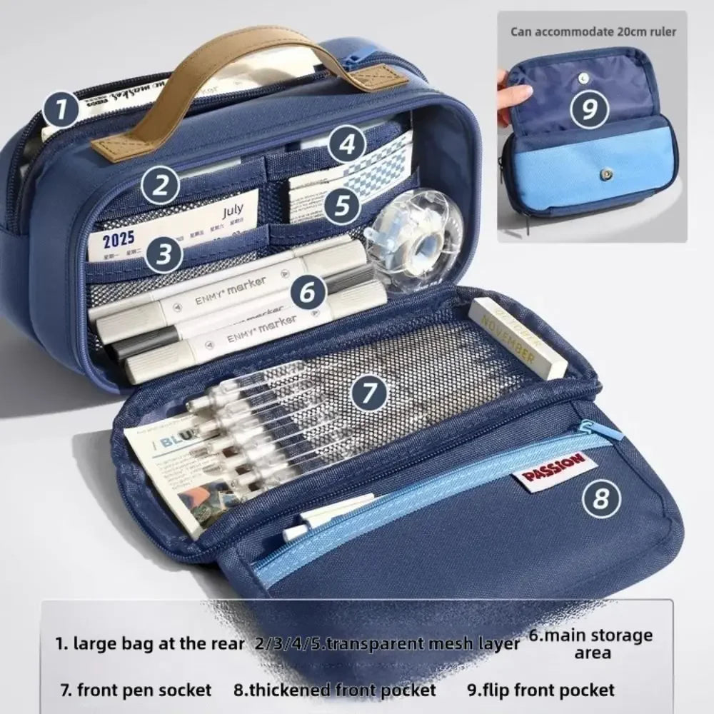 Retro 9 Layers Pencil Case Portable Large Capacity Pen Bag Wear-resistant Dirt-proof Pencil Pouch Student Peaceful Pleasures Health and Wellness