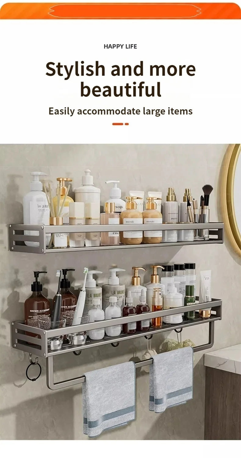 Aluminum No-Drill Shower Corner Shelf with Towel Bar