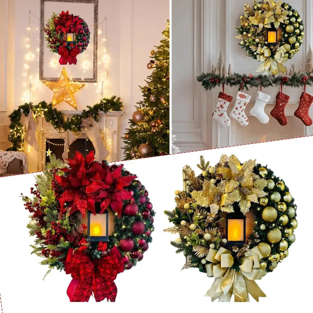 LED Christmas Wreath with Bow & Red Flowers | 40cm Door Decor