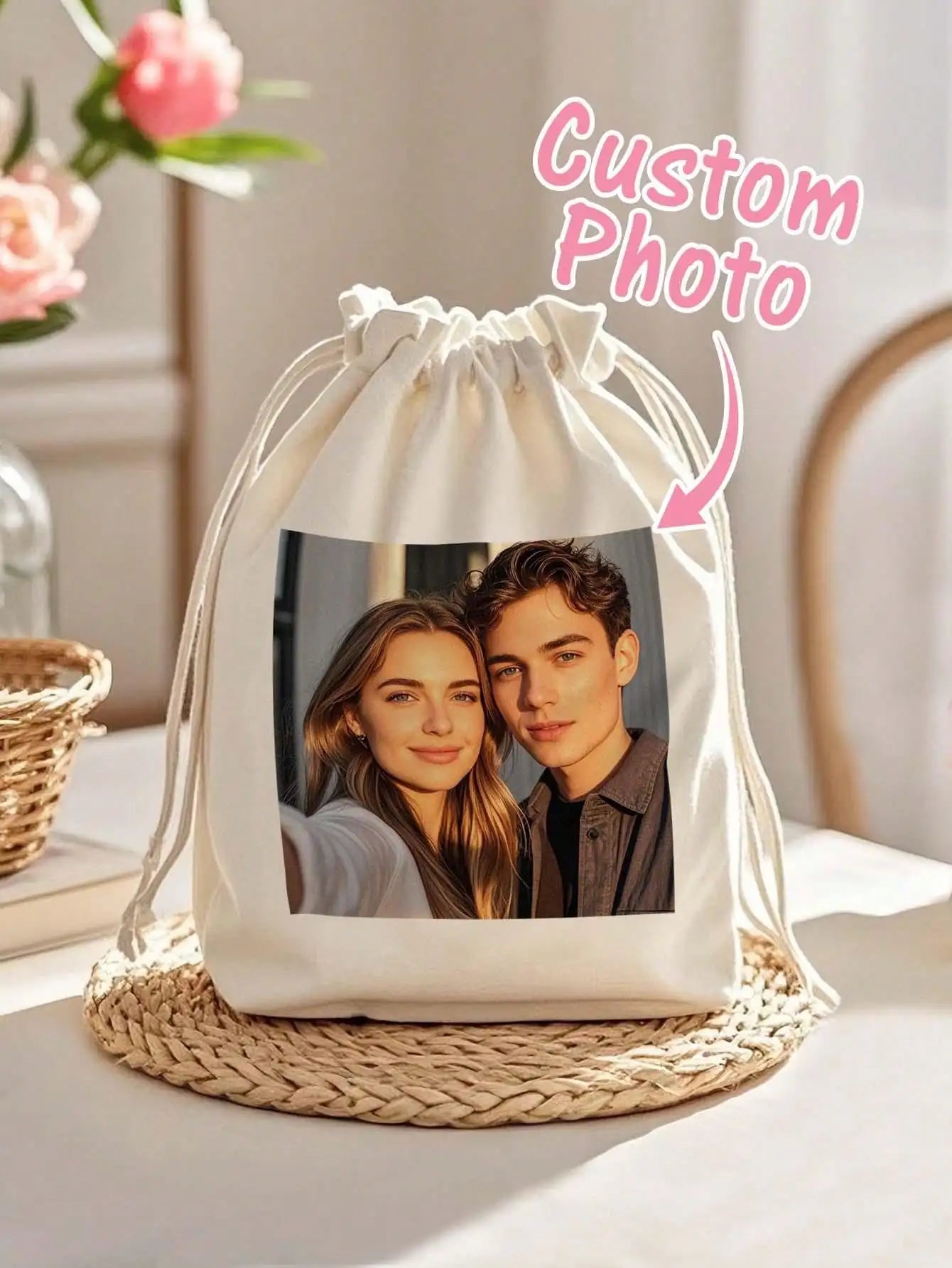 Custom Photo Drawstring Bag Personalized Text Picture Storage Bag Funny Reusable Gift Bag for Mom Dad Girlfriend Peaceful Pleasures Health and Wellness Multicolor S
