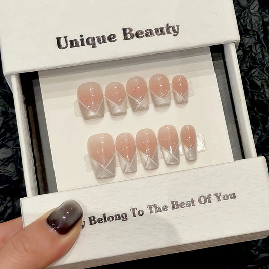 Handmade Press on Nails Short French White Cat Eye False Nails Daily Wearable Sweet Korean Shiny Powder Design Fake Nail Tips Peaceful Pleasures Health and Wellness