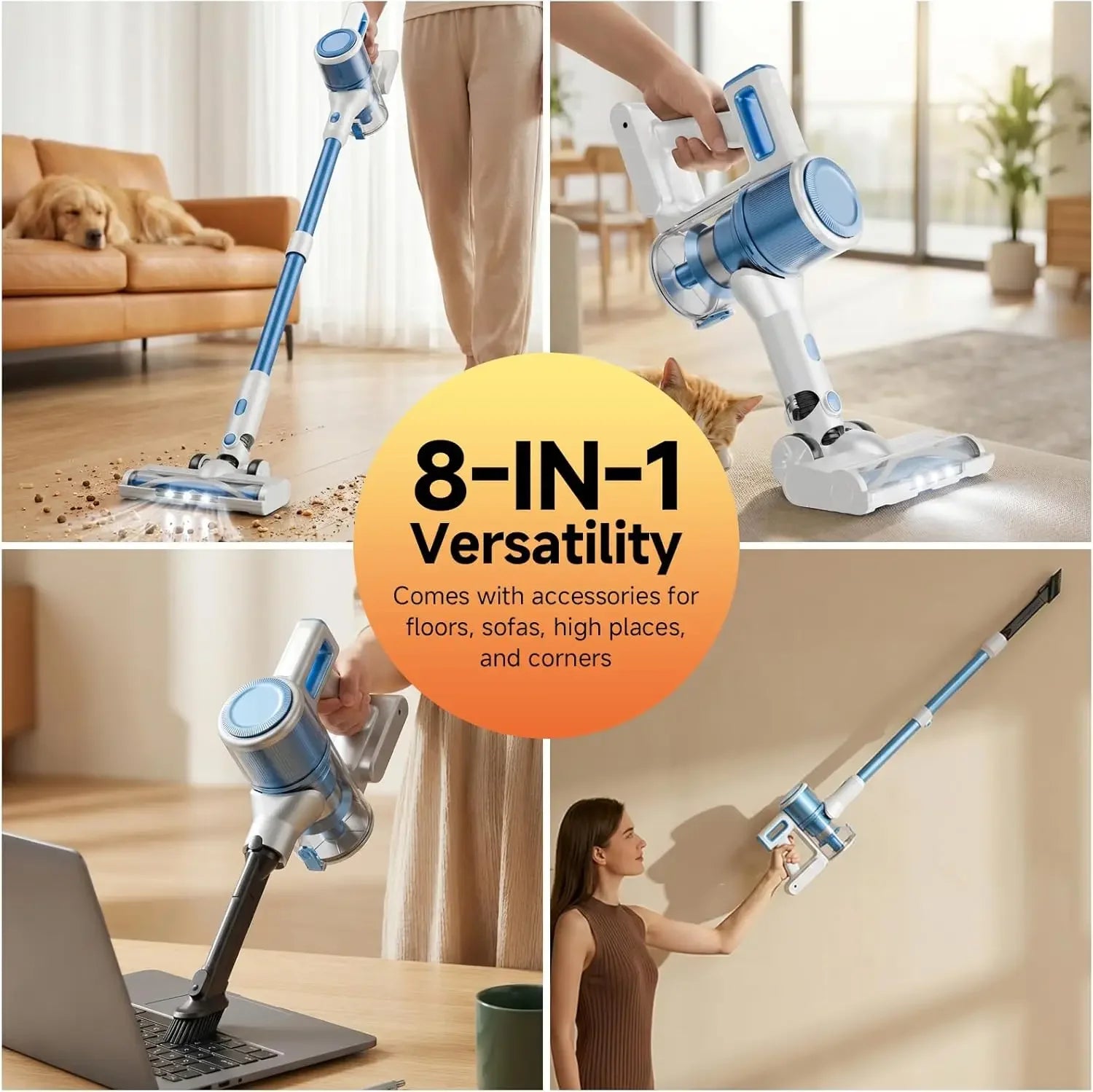 Lightweight Cordless Stick Vacuum Cleaner - 45 Min Runtime, 8-in-1 for Hard Floors & Carpets, Blue & White Peaceful Pleasures Health and Wellness