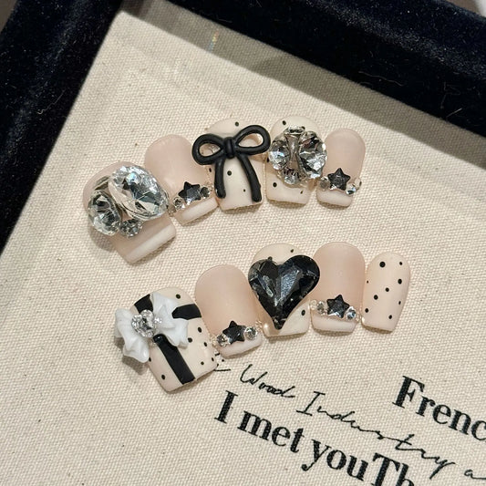 Handmade Press on Nails Black Bowknot Decor French Fake Nails for Women Girl Wearable Rhinestone Design Short False Nail Tips Peaceful Pleasures Health and Wellness L 1