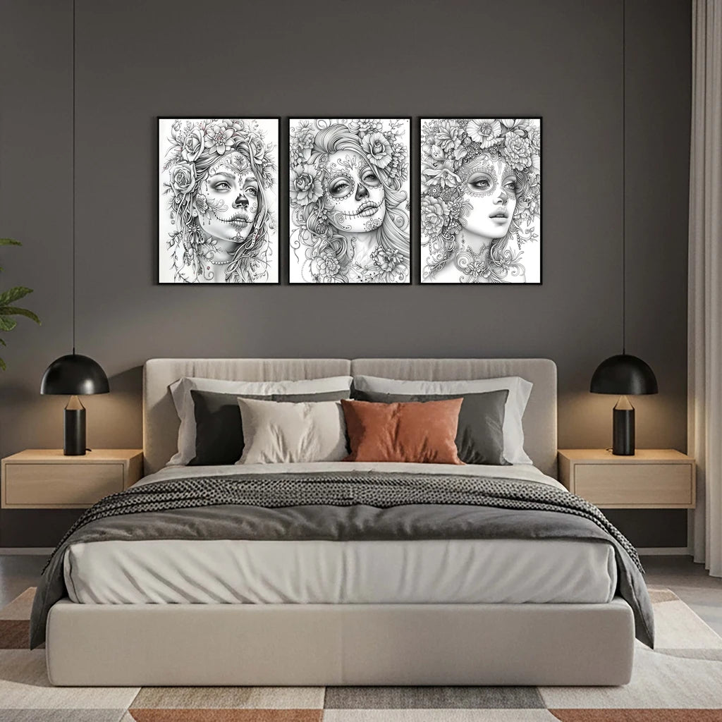 Black & White Skull Girl Makeup Canvas Wall Art | Modern Print Canvas Wall Art Peaceful Pleasures Health and Wellness