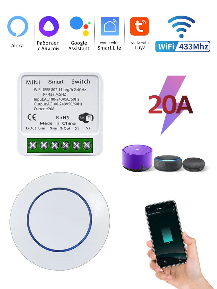 Tuya WiFi Smart Switch 20A RF433MHz – App & Voice Control