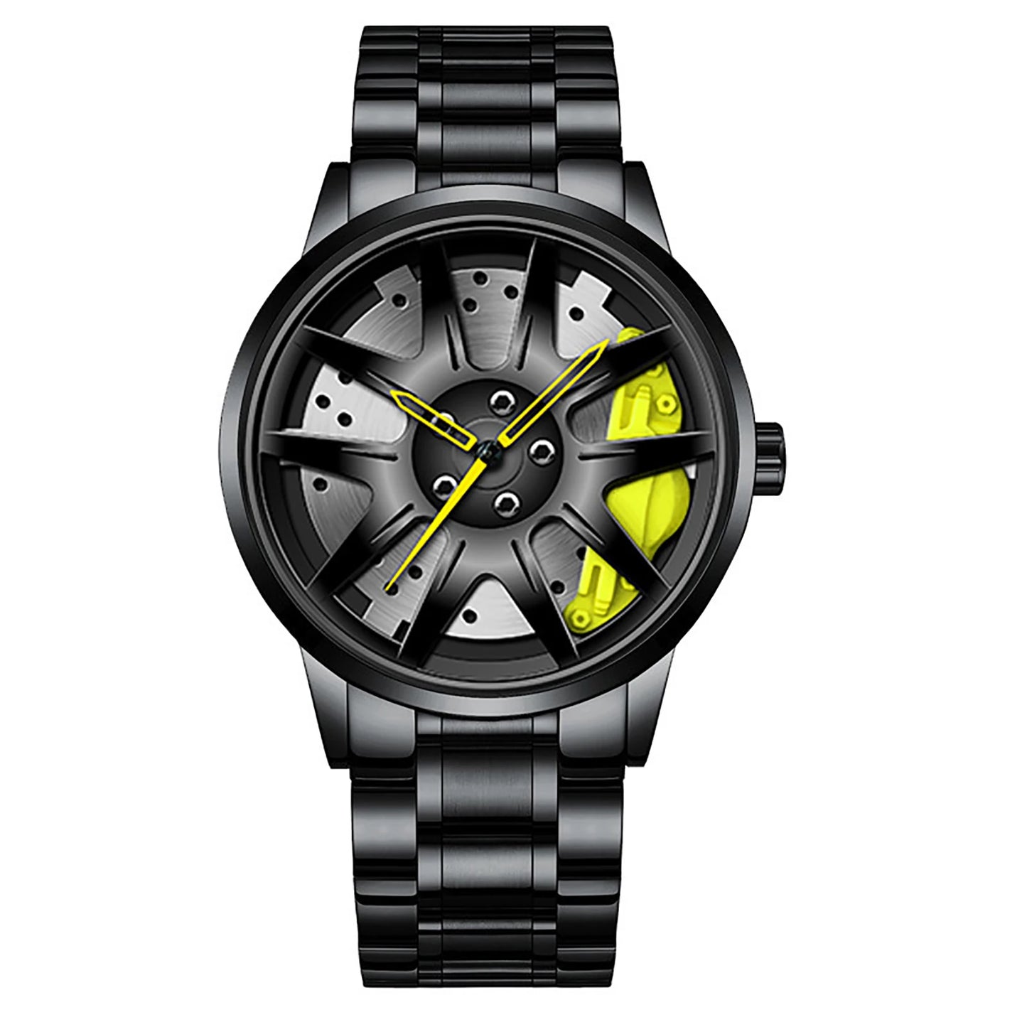 Business Luxury Quartz Watch Car Sport Rim Automatic Movement Round Dial Clock Watches Machinery Men Sport Watch Peaceful Pleasures Health and Wellness C Yellow Steel Strip