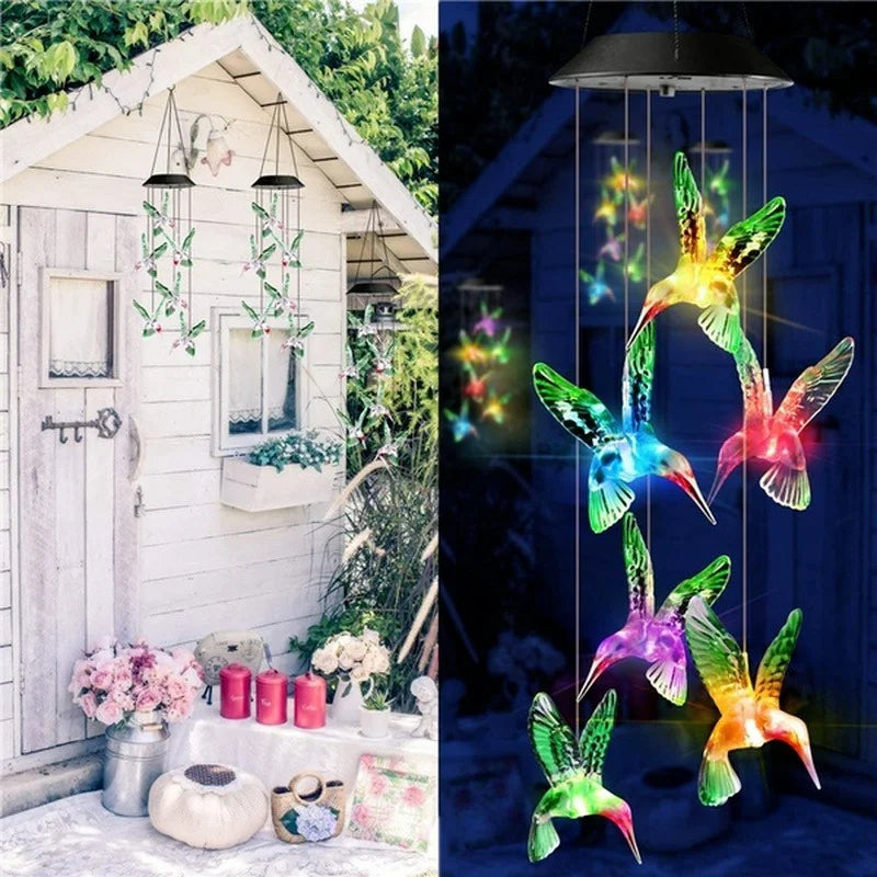 LED Solar Wind Chime Crystal Ball Hummingbird Light Changing