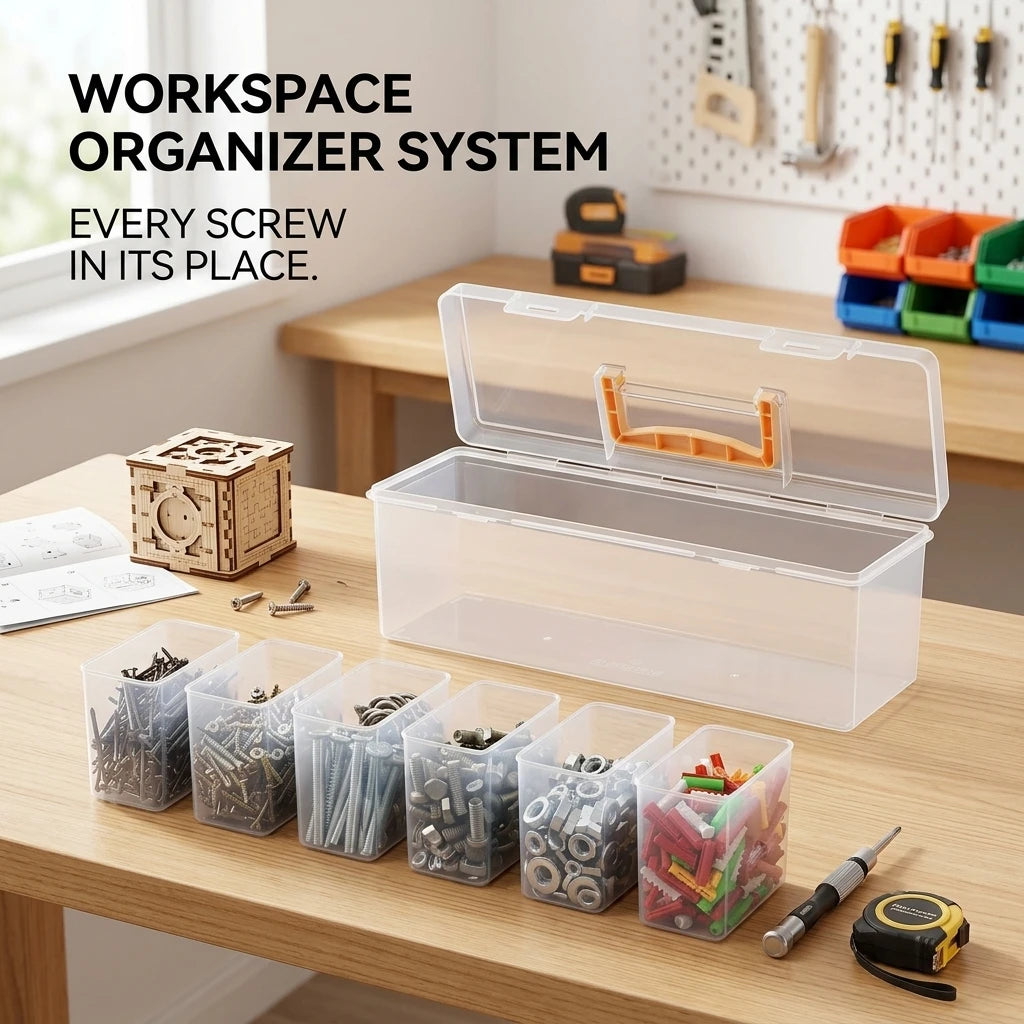 Portable 6-Compartment Clear Small Parts Organizer Box – For Hardware, Beads, Jewelry & Crafts