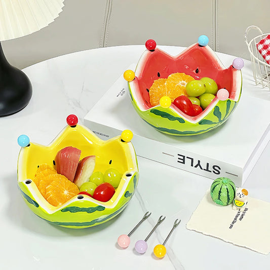 Watermelon Ceramic Fruit Bowl with Forks – Large Capacity Ceramic Serving Bowl Peaceful Pleasures Health and Wellness
