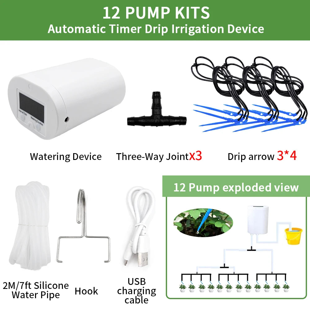 Automatic Plant Flower Watering Pump Home Sprinkler Drip Irrigation Device 2/4/8/16 Heads Pump Timer System Kit Garden Tool Peaceful Pleasures Health and Wellness 12 pump kit